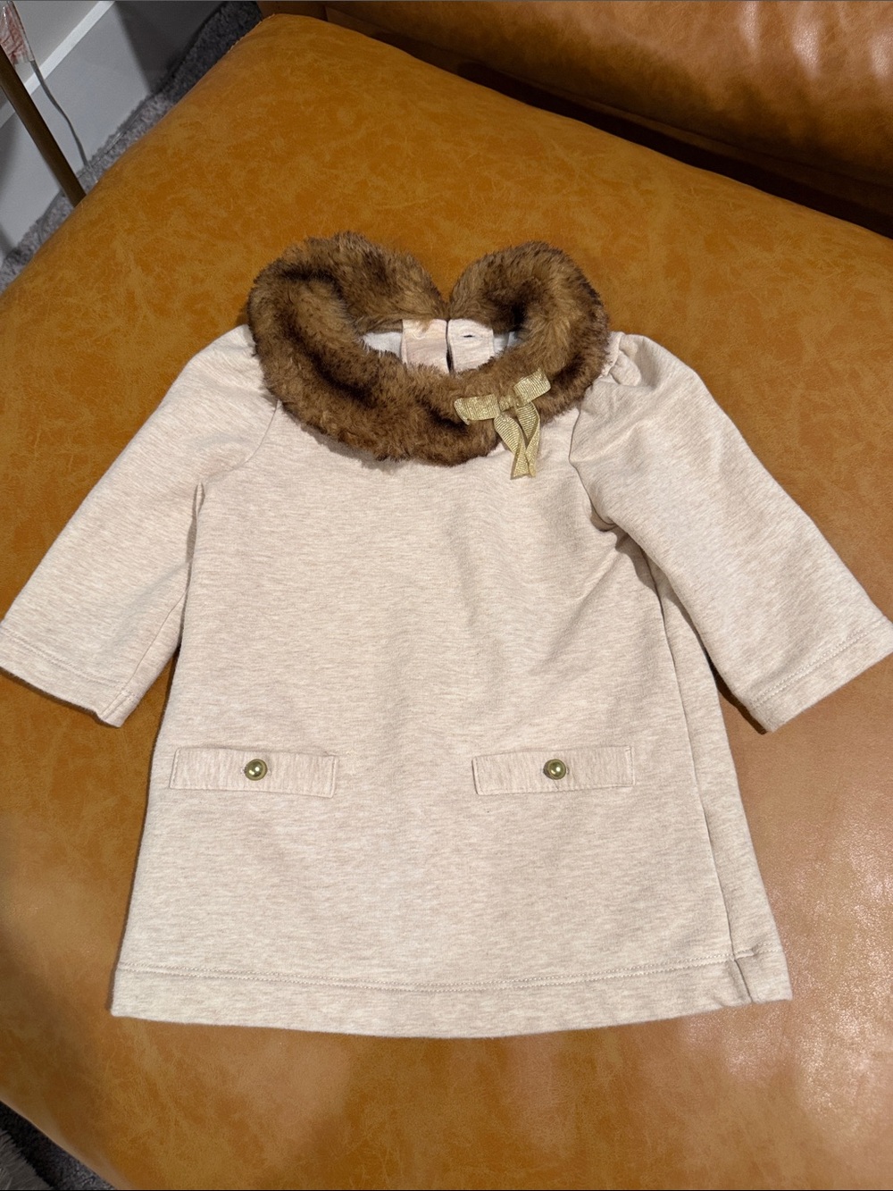 Cream Faux-Fur Collar Kids Dress